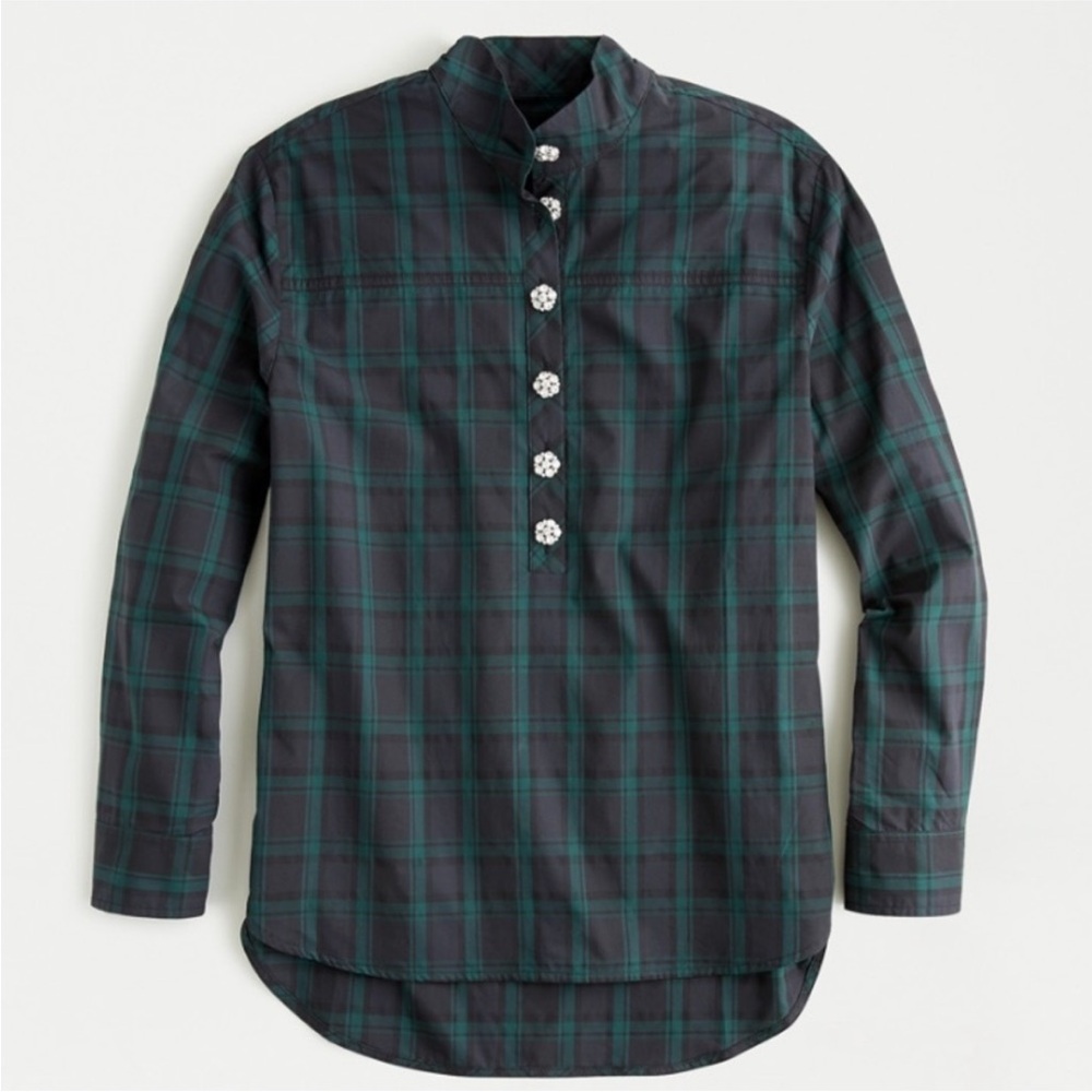 J crew ae866 jeweled button popover tartan plaid